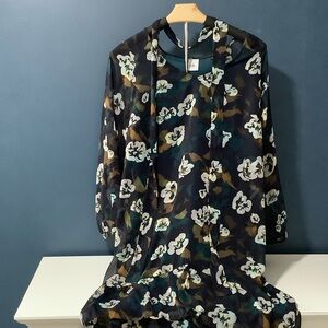 CAbi Black Floral Midi Dress with Cream and Olive Accents